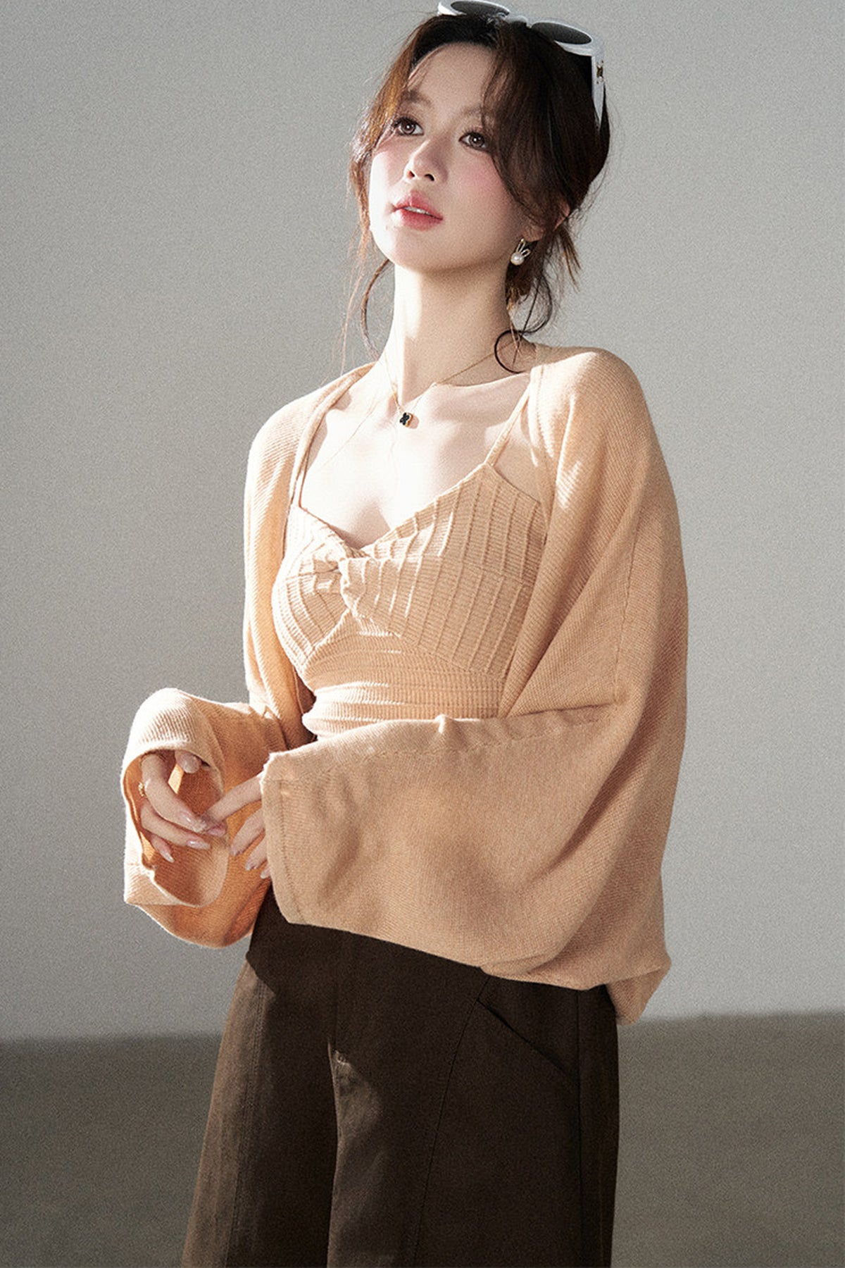 V-Neck Knitted Cardigan and Camisole Set-Up