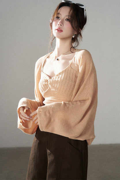 V-Neck Knitted Cardigan and Camisole Set-Up