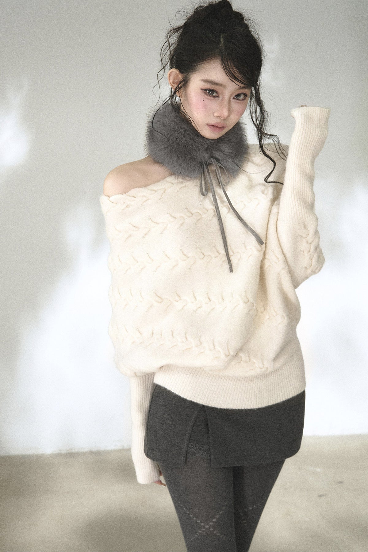 Diagonal Cable Knit Off-Shoulder Sweater