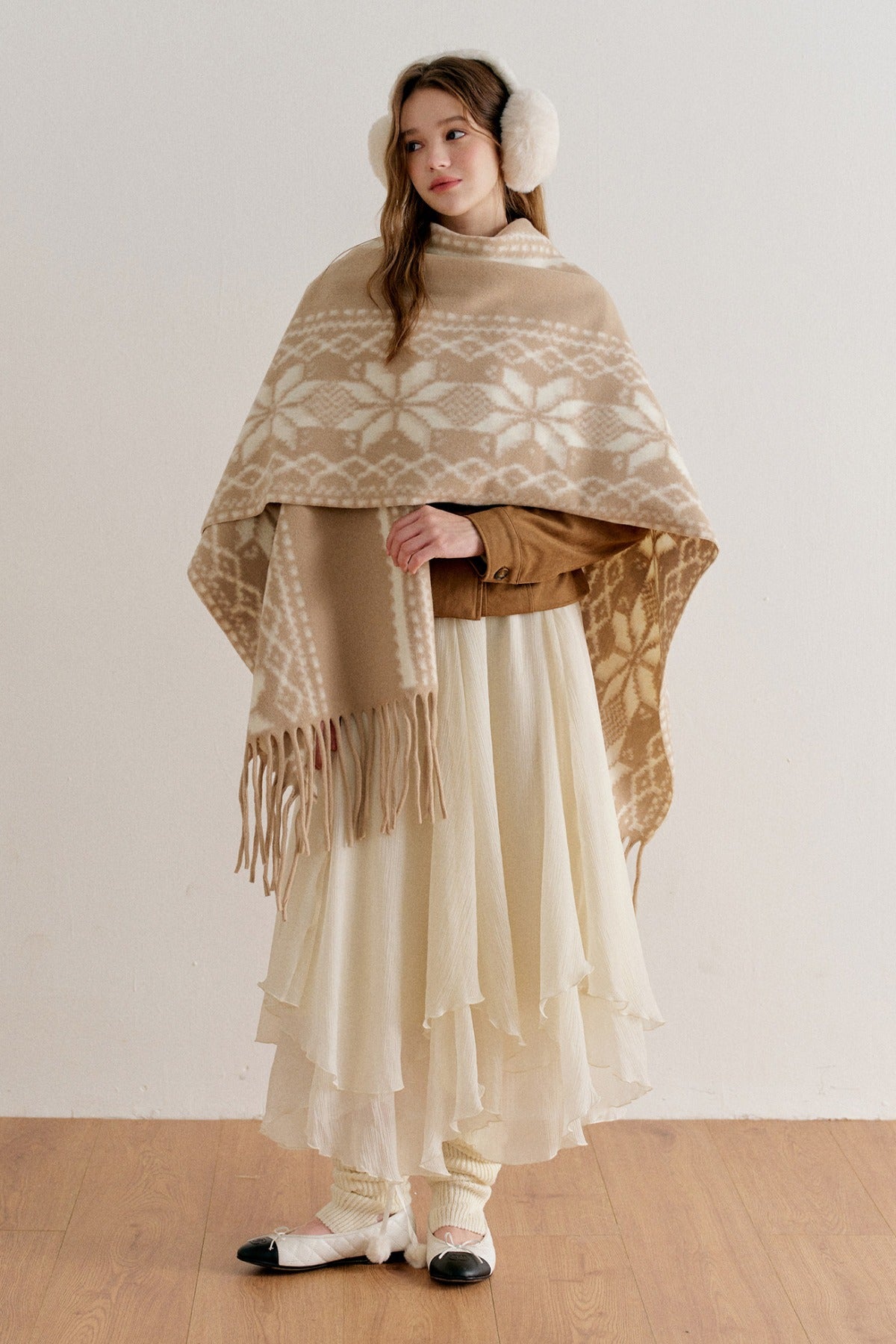 Khaki Fair Isle Jacquard Long Tassel Cape
