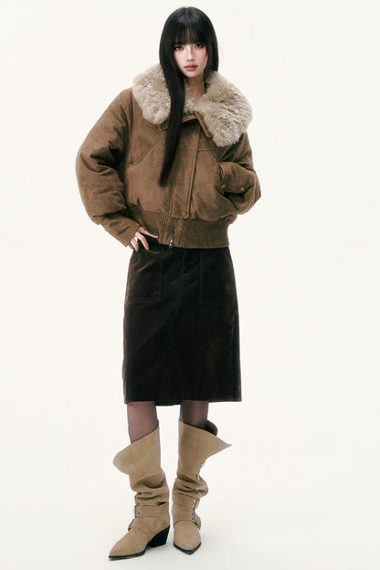 Olive Green Wool Collar Down Jacket