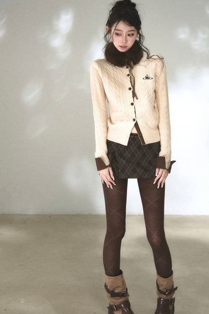 Color-Blocked Polka Dot Cable Knit Cardigan