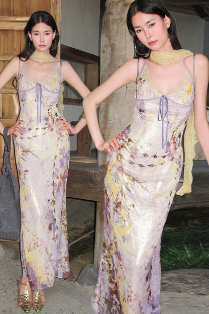 French Oil Painting Floral Spaghetti Strap Long Dress
