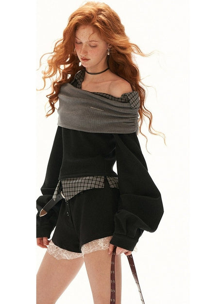 Plaid Patchwork Off-Shoulder Sweatshirt