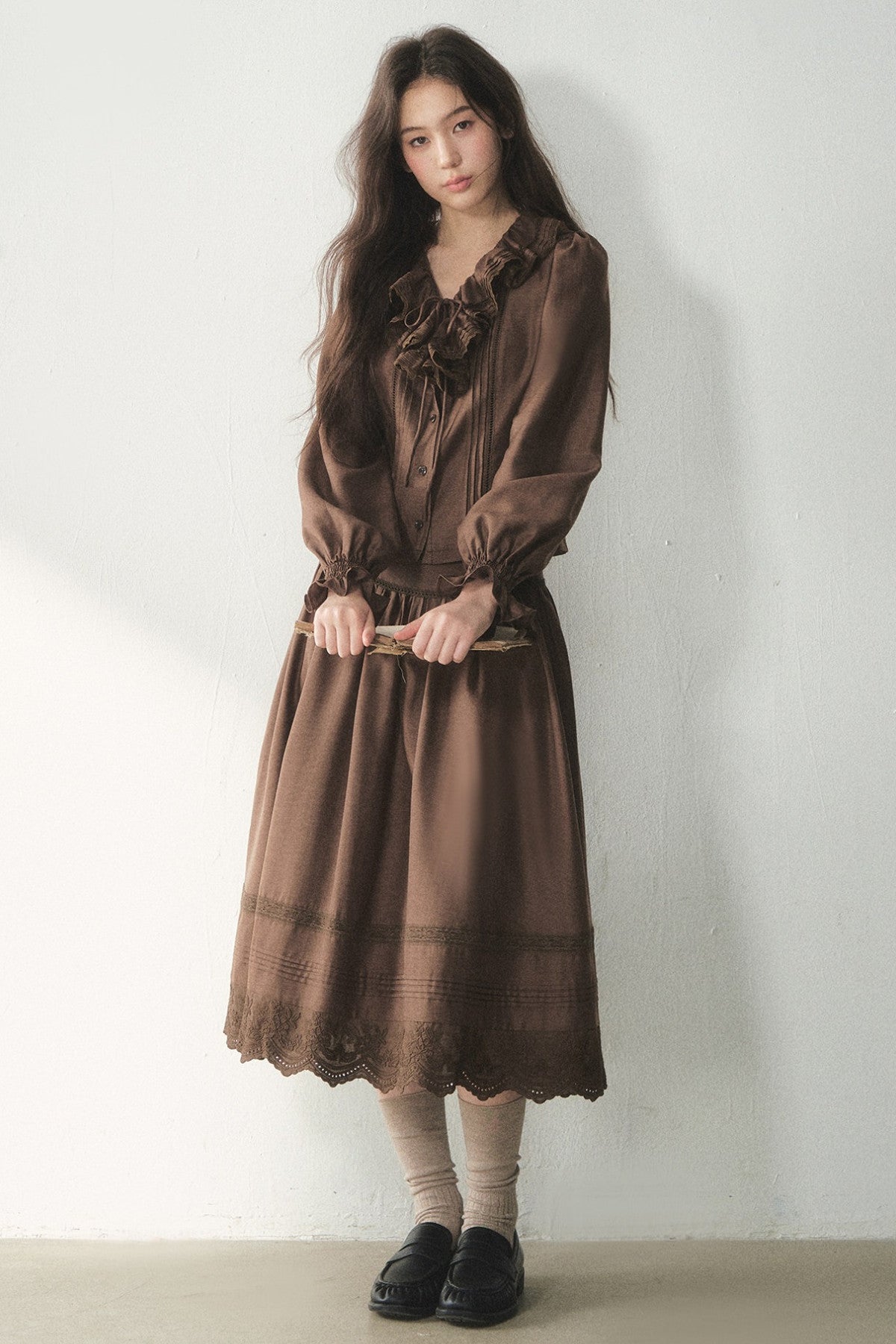 Ruffled Lyocell Shirt and Skirt Set-Up