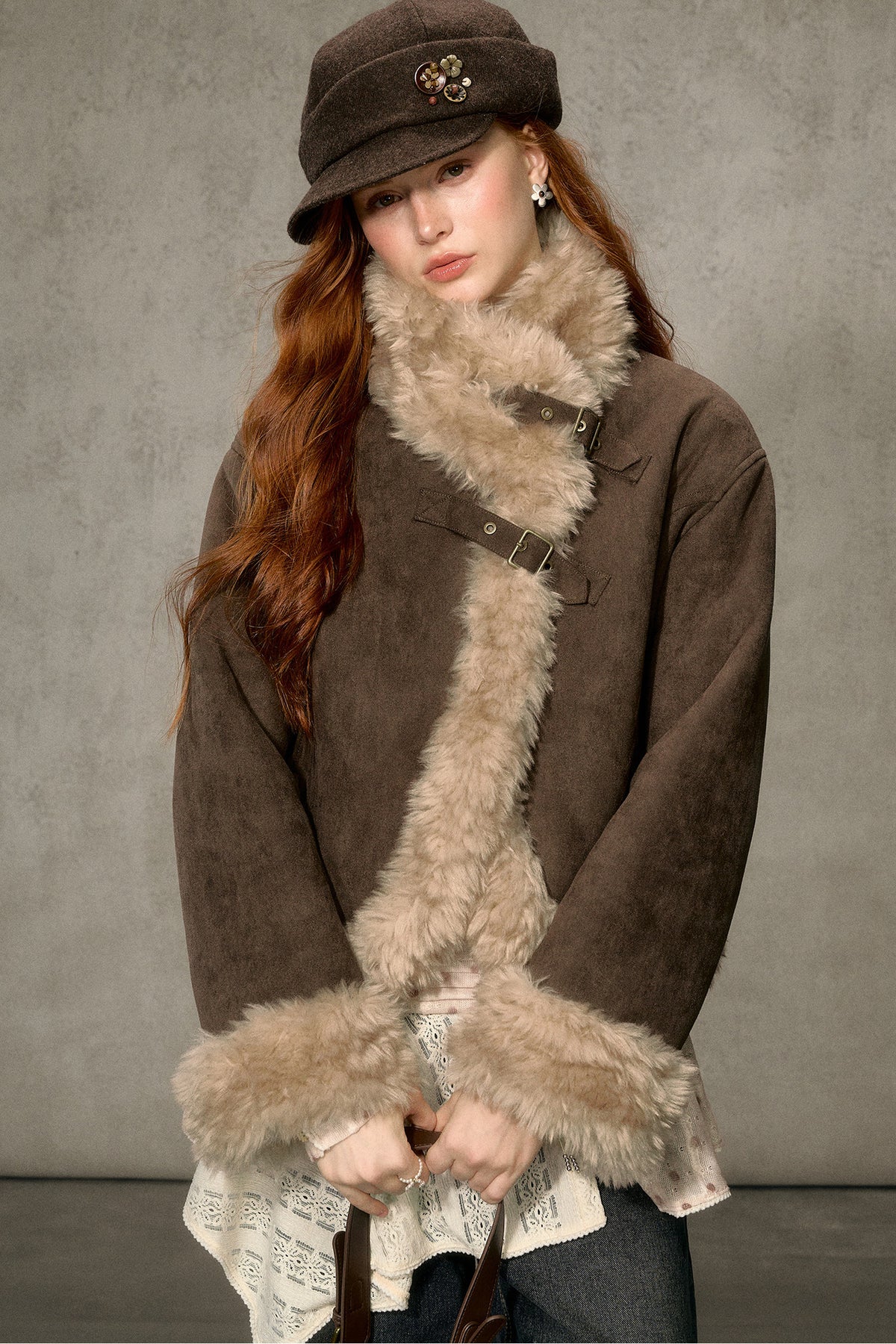 Oatmeal Chocolate Fur Trim Asymmetrical Jacket