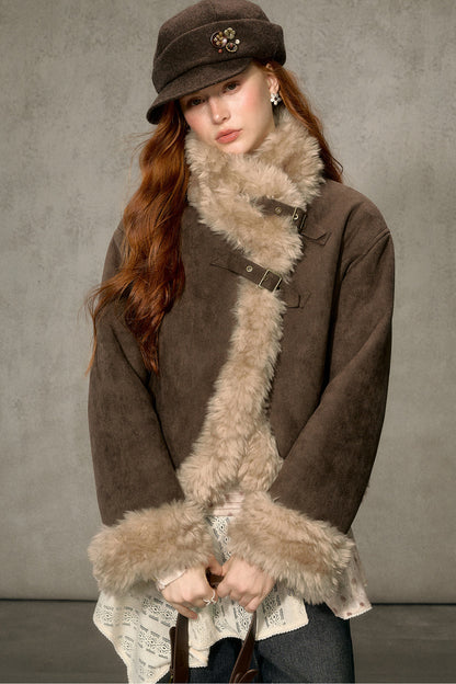 Oatmeal Chocolate Fur Trim Asymmetrical Jacket