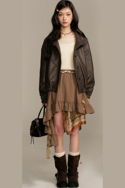 Barn Style Stand Collar Short Leather Jacket