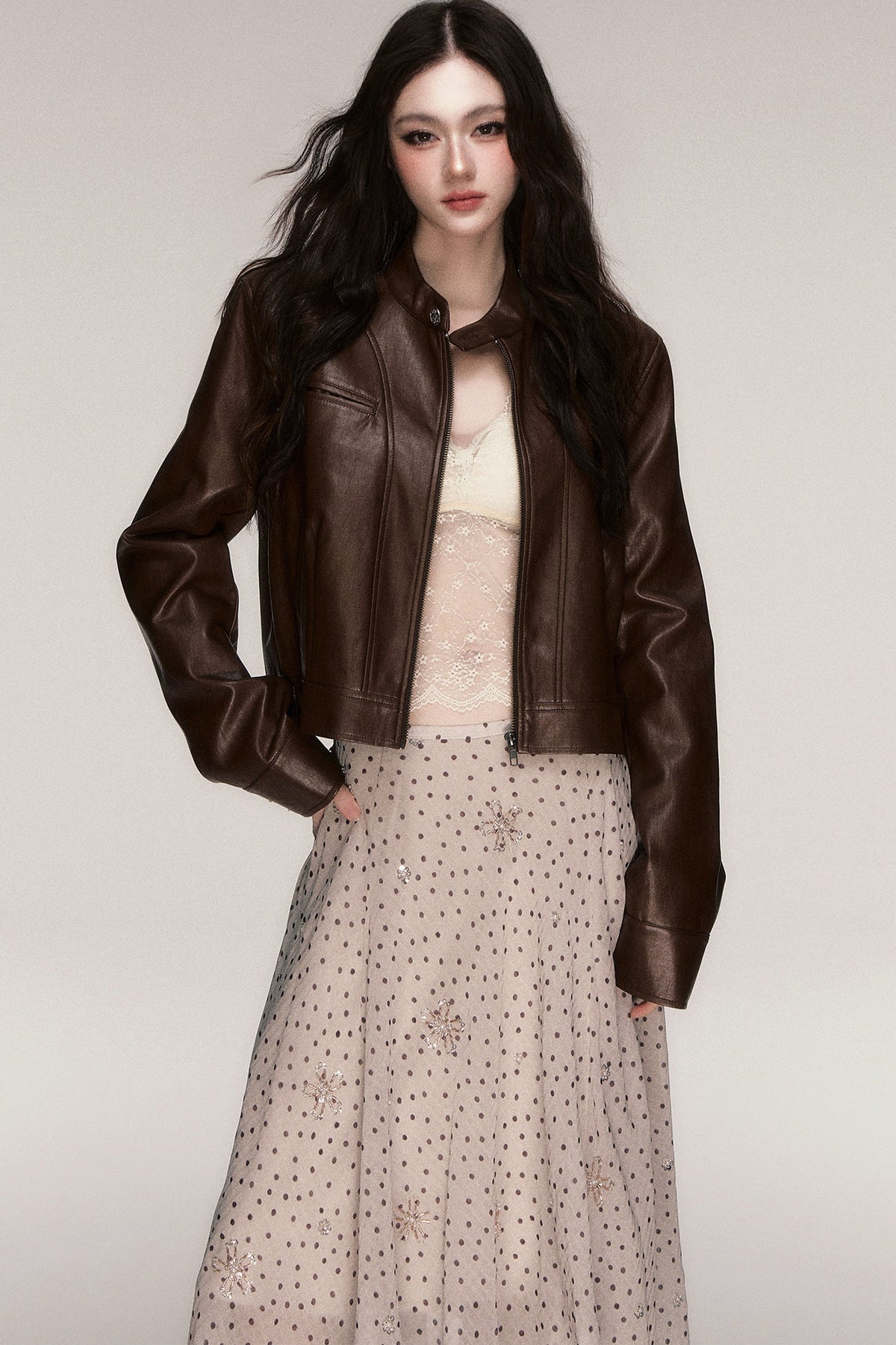 Brown Stand-Up Collar PU Leather Jacket