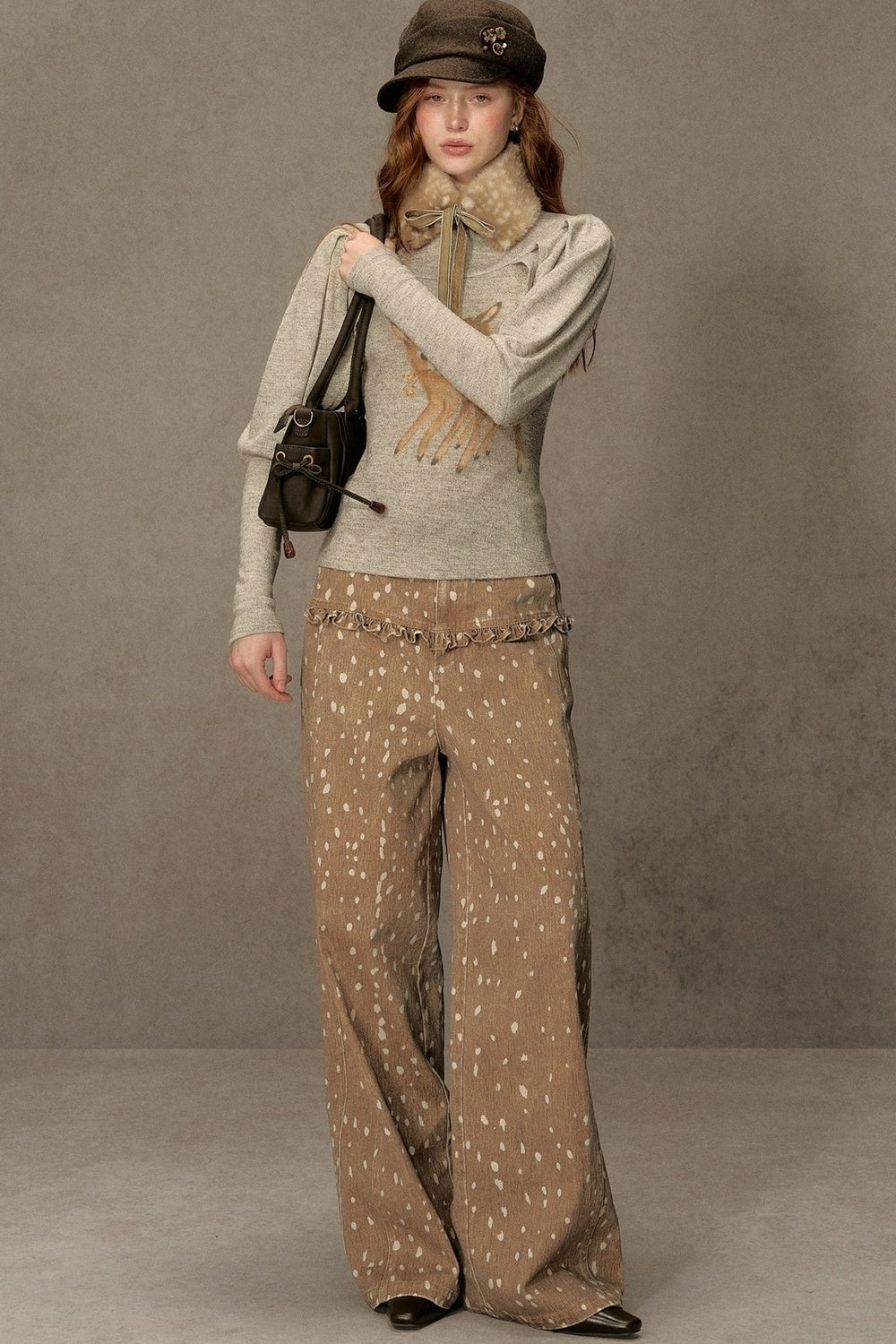 Spotted Ruffle Wide-Leg Pants