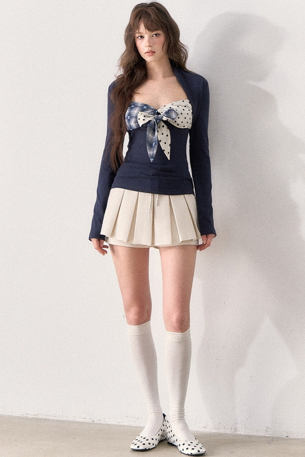 Polka Dot Waistband Layered-Look Pleated Skirt