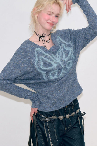 Vintage Butterfly Embroidery Knit Top