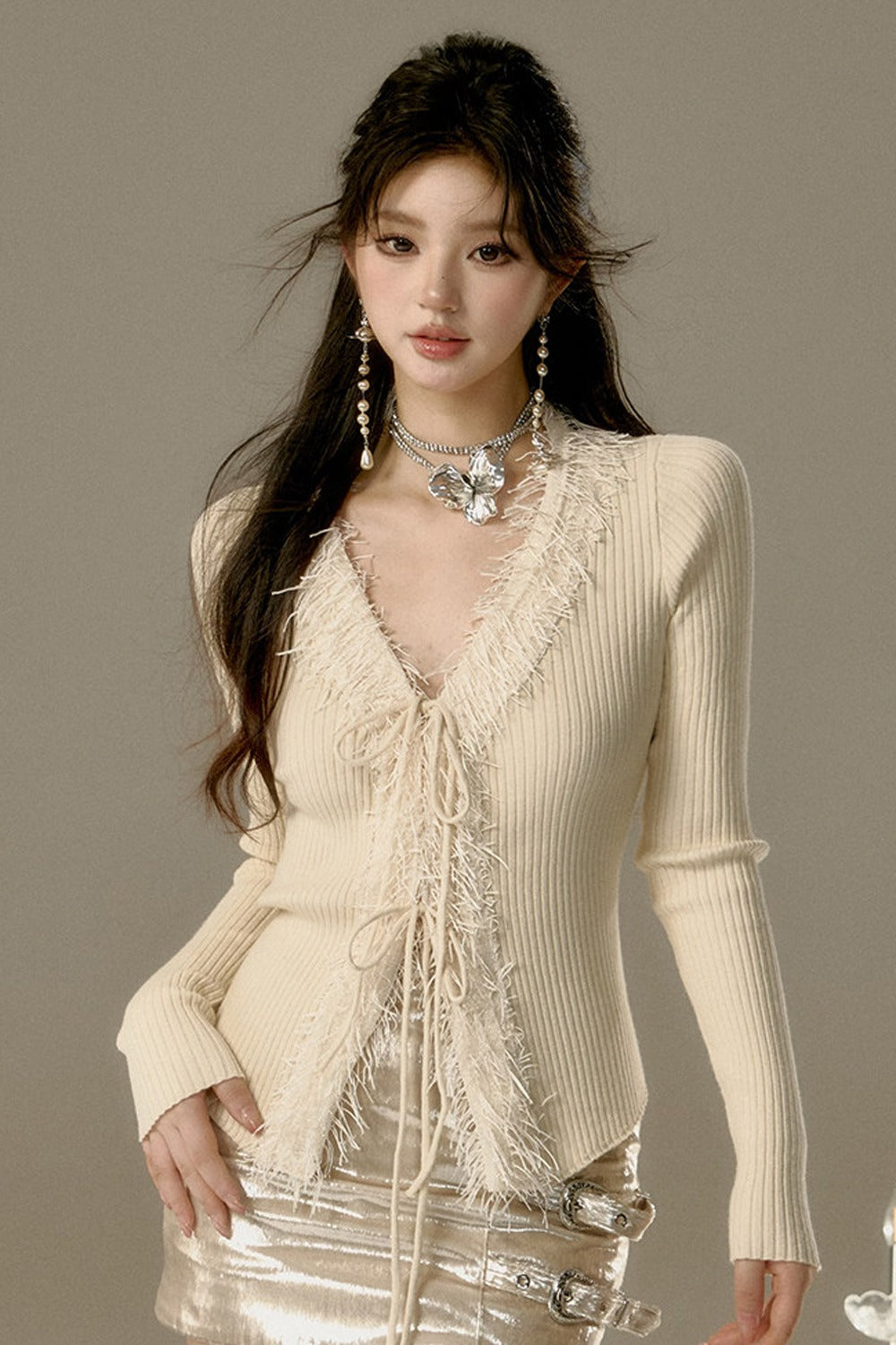 V-Neck Tassel Knit Cardigan Sweater