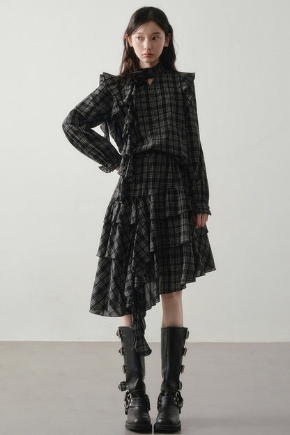 Retro Plaid Shirt and Half Skirt Set