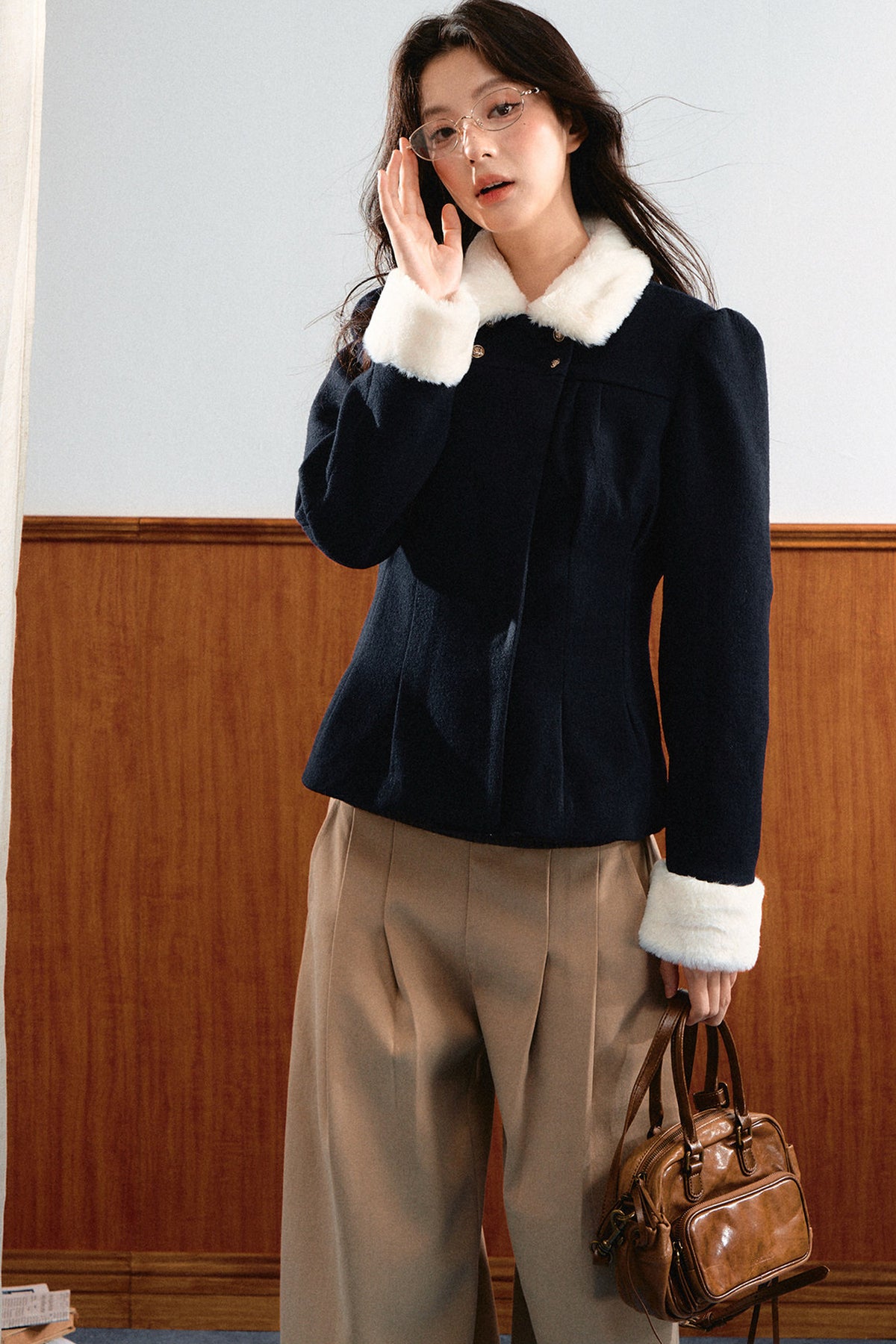 Puff Shoulder Faux Mink Fur Lapel Jacket