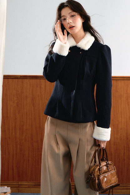 Puff Shoulder Faux Mink Fur Lapel Jacket
