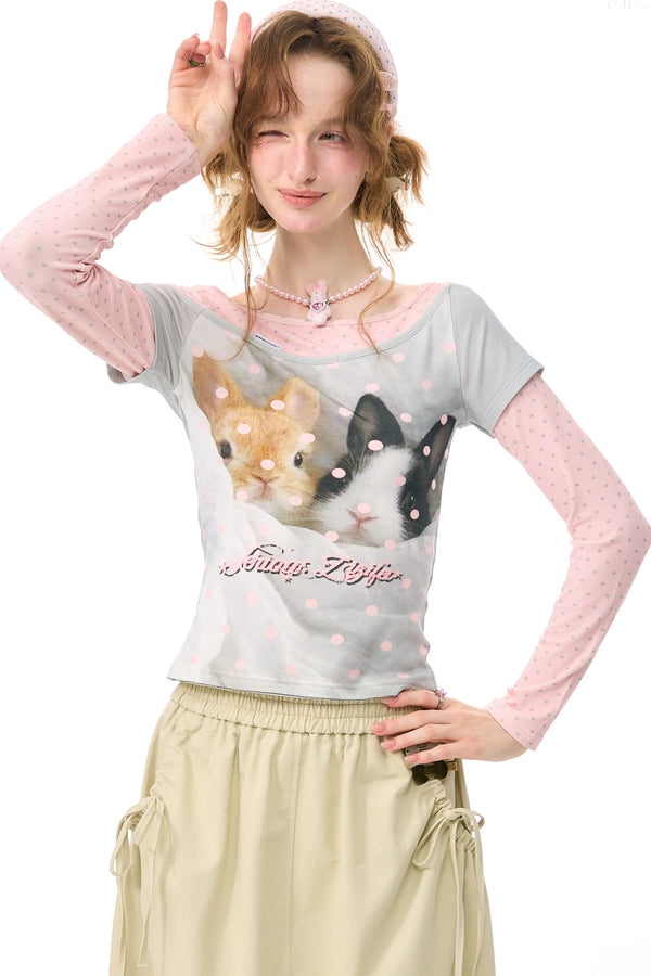 Color-Block Patchwork Rabbit Print Long Sleeve Top