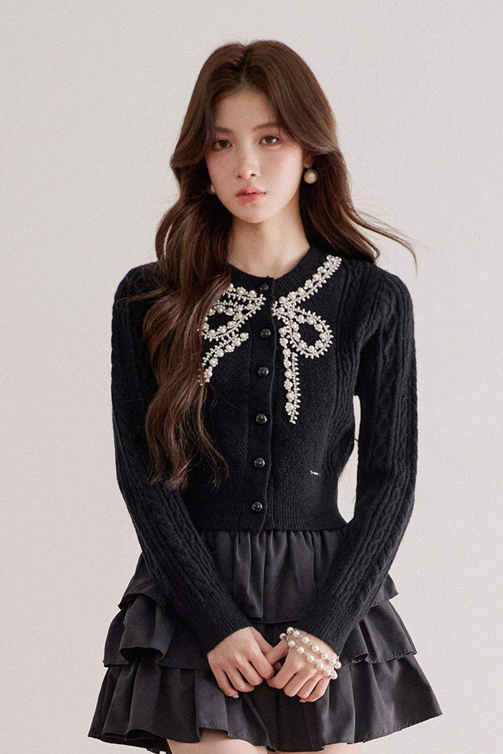 Rhinestone Pearl Bow Merino Cardigan Top