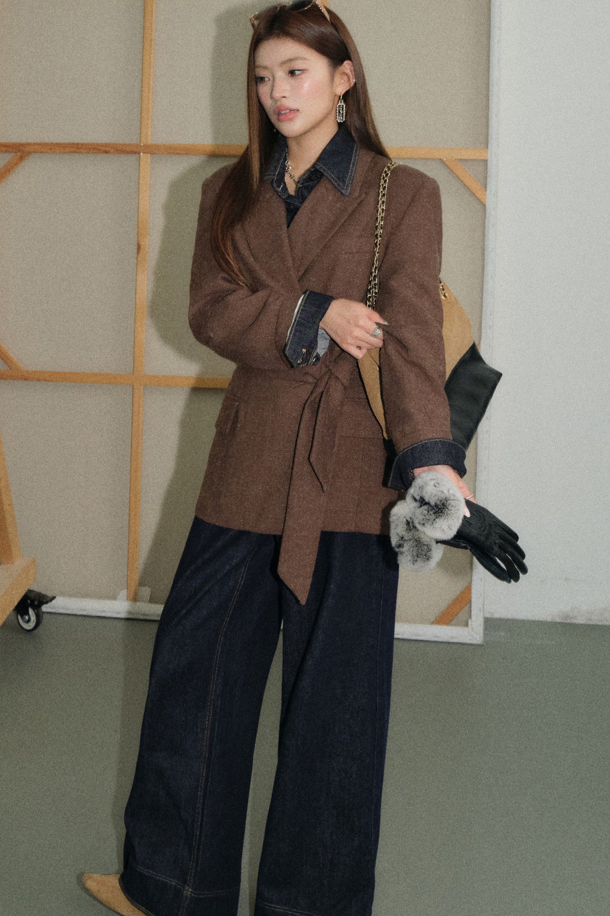 Coffee Lace-Up Woolen Linen Suit Jacket, Jeans and Top Set-Up
