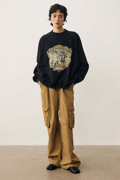Washed Cat Print Sweatshirt and Pants Set
