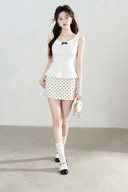 White Sleeveless Shirt and Polka Dot Skirt Set-Up
