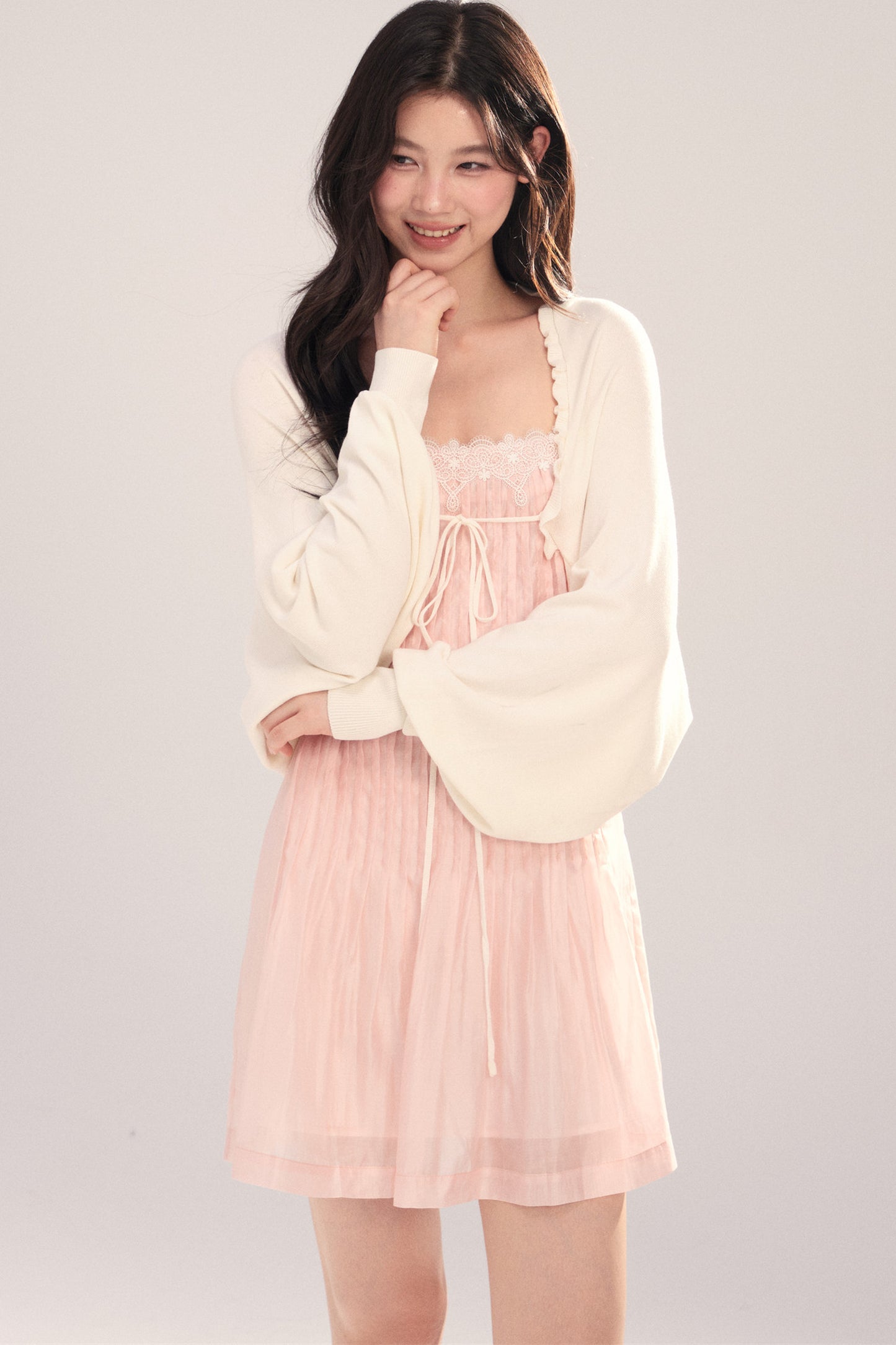 Suspender Dress with Lantern Sleeve Shawl Cardigan Set-Up