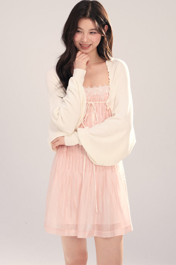 Suspender Dress with Lantern Sleeve Shawl Cardigan Set-Up