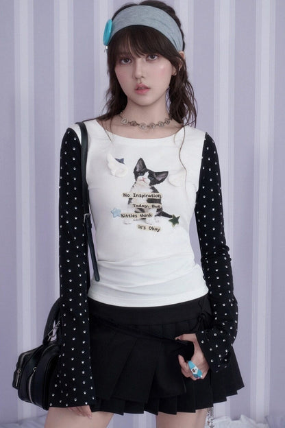 Cat Print Waist-Cinching T-Shirt