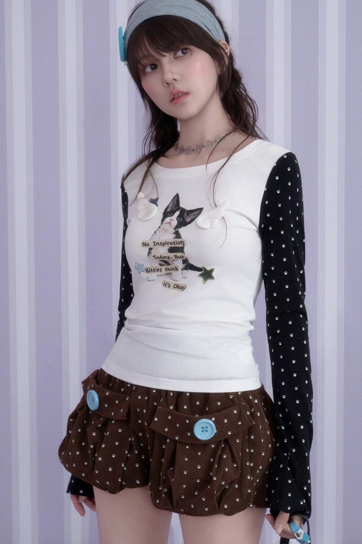 Cat Print Waist-Cinching T-Shirt