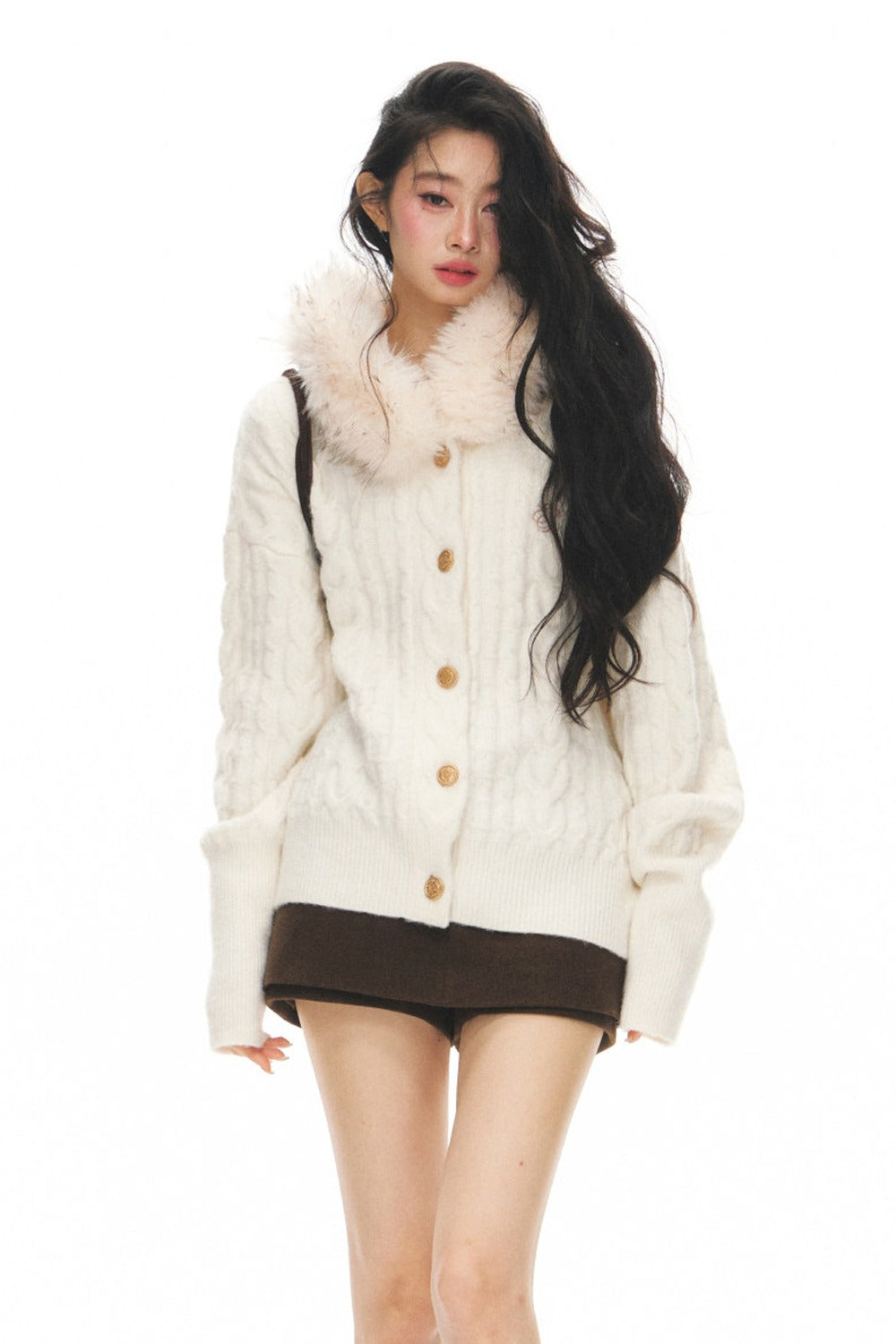 Fur Collar Knitted Cardigan and Skirt Set-Up