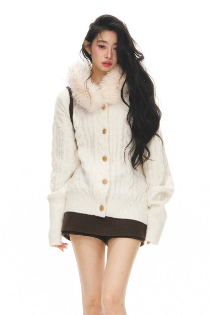 Fur Collar Knitted Cardigan and Skirt Set-Up