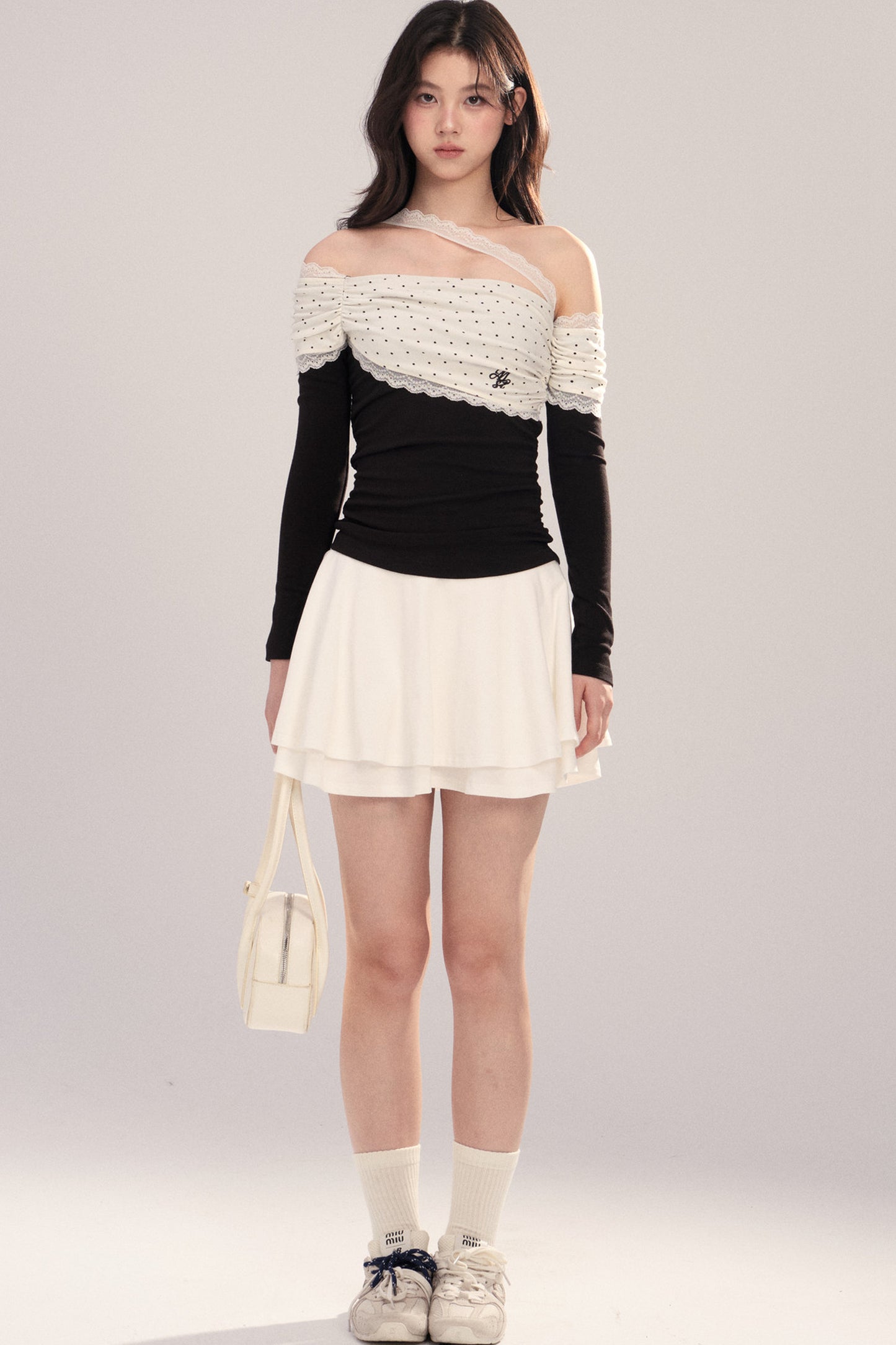 Polka Dot Spliced Lace Off-Shoulder T-Shirt