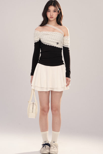 Polka Dot Spliced Lace Off-Shoulder T-Shirt
