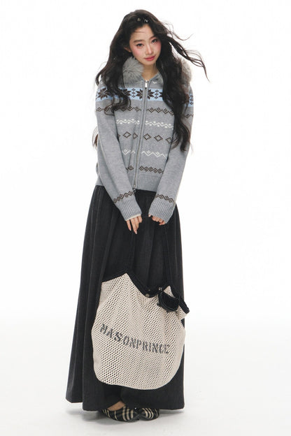 Fair Isle Jacquard Fur Collar Cardigan Set-Up