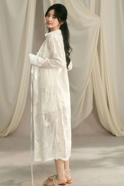Crane Embroidery Waist-Tie Top