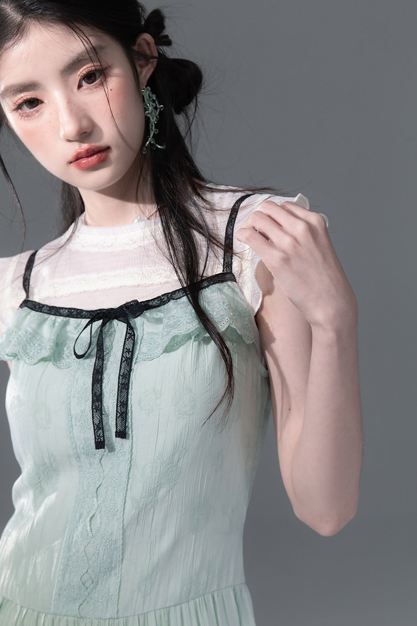 Mint Green Lace Spliced Camisole and Dress Set