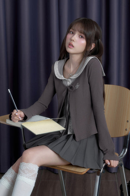 Gray Lace Sailor Collar Top and Skirt Set-Up