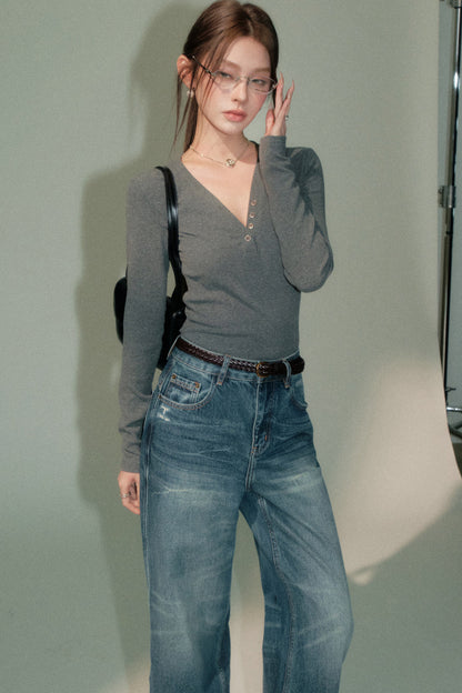 Completo top base in seta ghiaccio a maniche lunghe con scollo a V