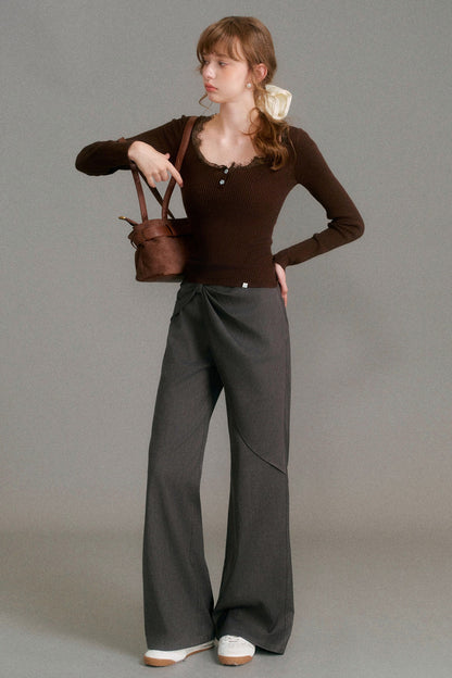Asymmetrical Cut Bow Wide Leg Pants