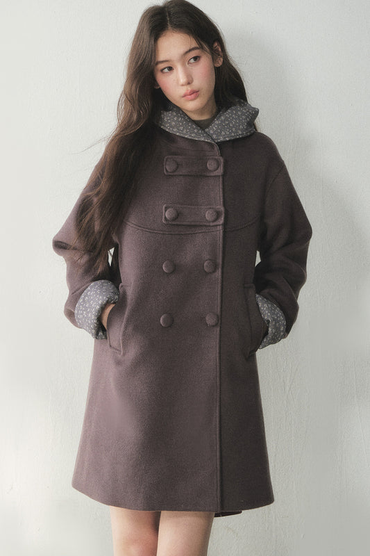 Double-Breasted Woolen Hooded Coat