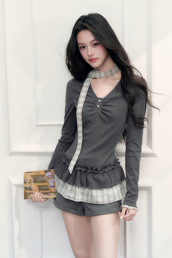 V-Neck Plaid Ruffled T-Shirt and Pants Set-Up