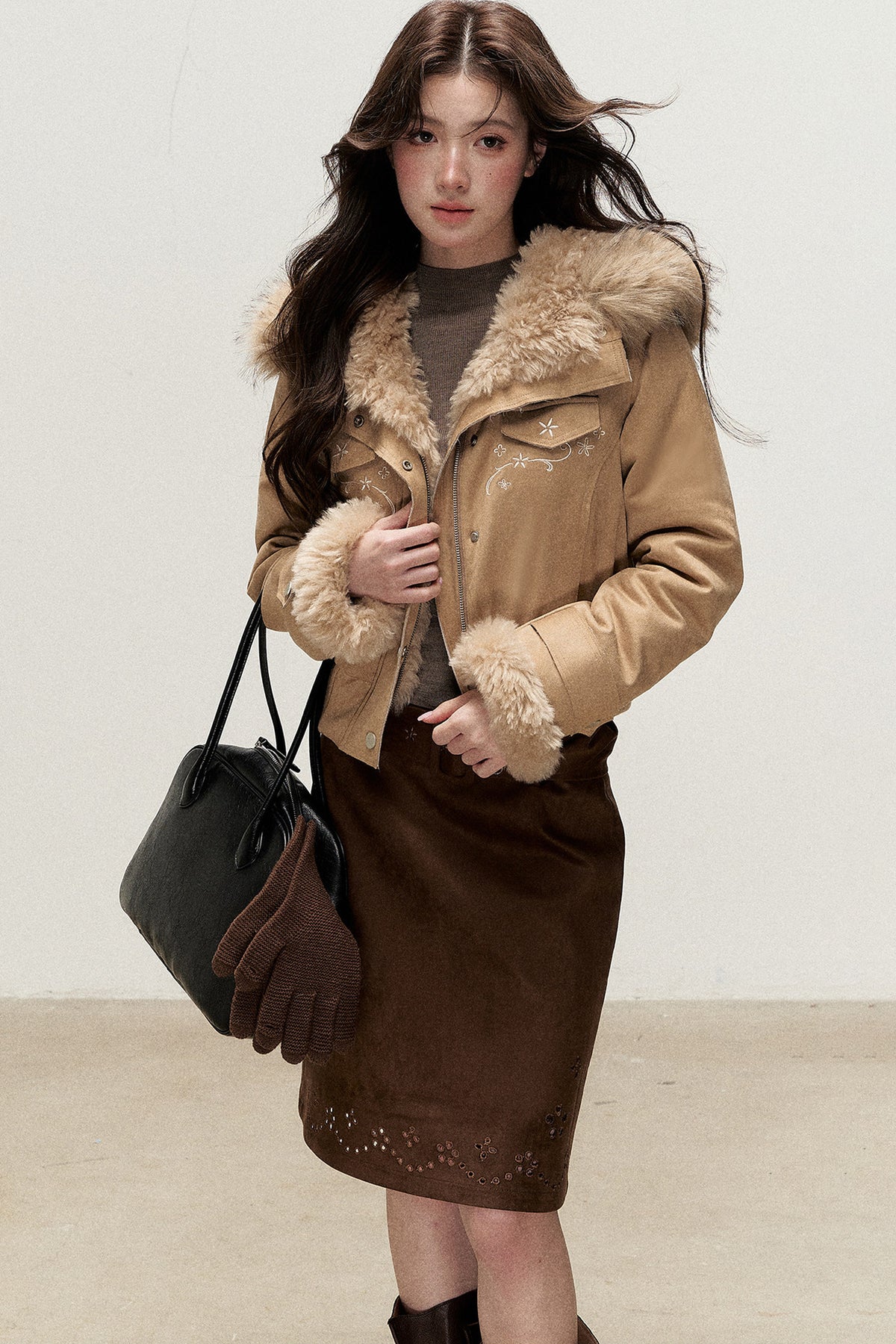 Embroidered Suede Fleece-Lined Jacket