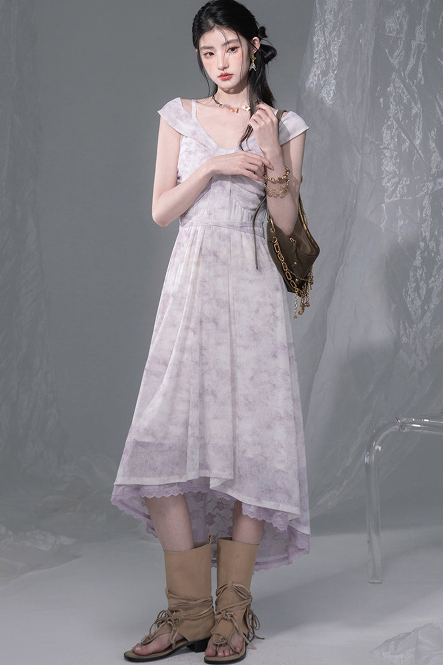 Cloud Smoke Purple Bow Tie Dress