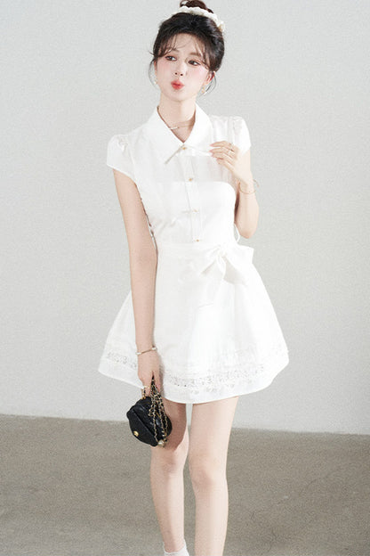 White Lace-Up Waist Puff Dress