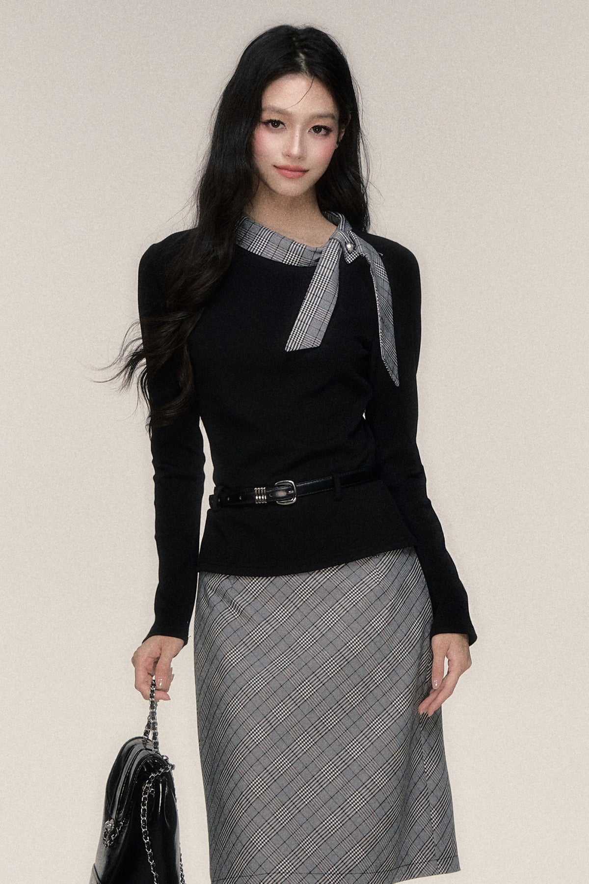 Plaid Ribbon Knit Top and Skirt Set-Up