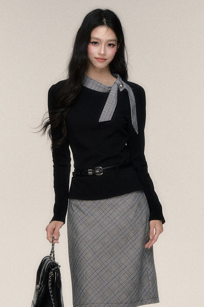 Plaid Ribbon Knit Top and Skirt Set-Up