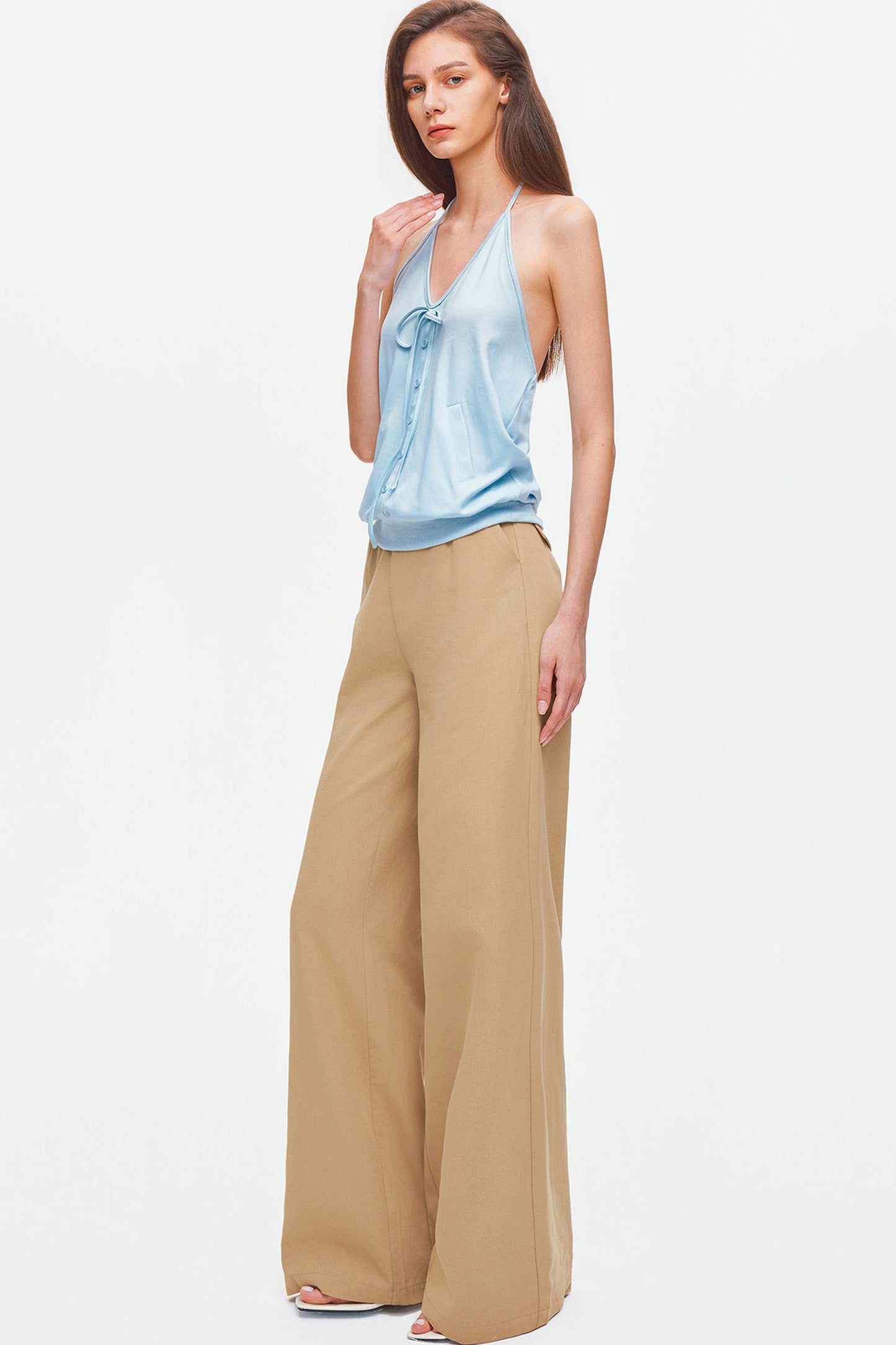 Knitted Halter Tie-Up V-Neck Top