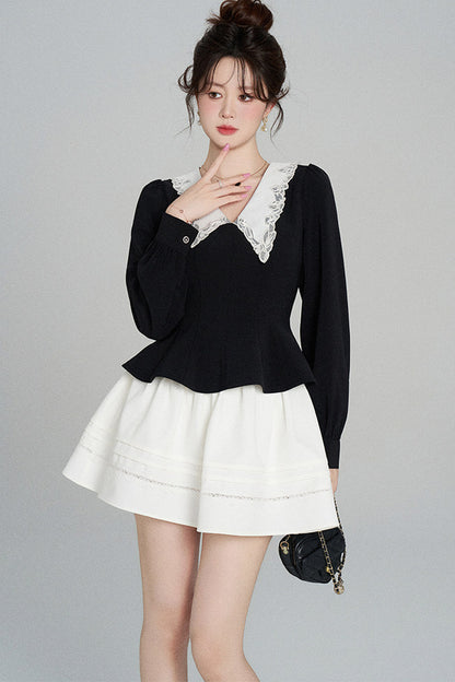 Peplum Waist Lace Collar Shirt