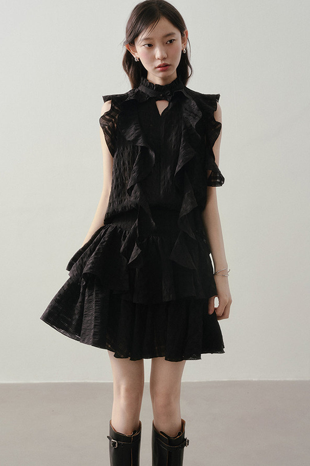 Textured Ruffle Collar Top And A-Line Skirt Set
