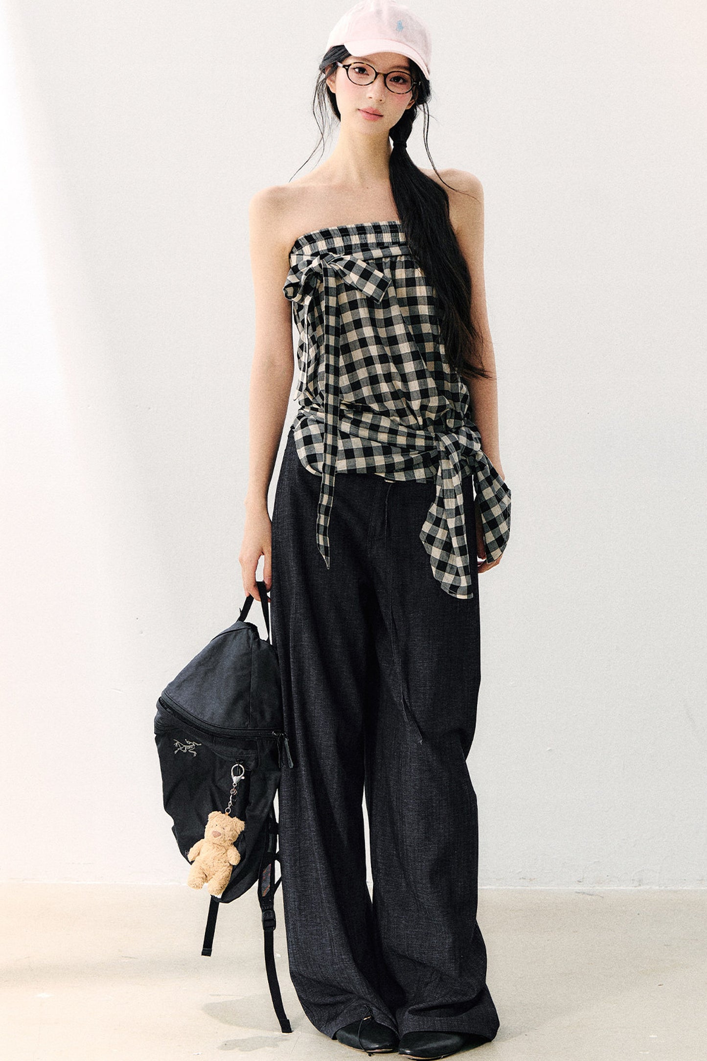 Washed Plaid Tube Top With Bow
